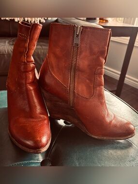 Frye Cognac Leather Wedge Ankle Booties with Side Zip
